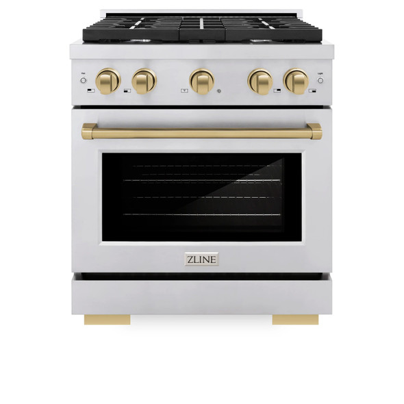 ZLINE Autograph Edition 4-Piece Appliance Package - 30-Inch Gas Range, Refrigerator, Wall Mounted Range Hood, & 24-Inch Tall Tub Dishwasher in Stainless Steel with Champagne Bronze Trim (4KAPR-SGRRHDWM30-CB)