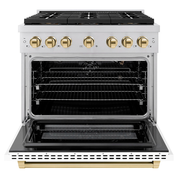ZLINE Autograph Edition 36-Inch 5.2 cu. ft. Paramount Gas Range with 6 Burner DuoPro™ Cooktop and Convection Gas Oven with White Matte Door and Polished Gold Accents (PSGRZ-WM-36-G)