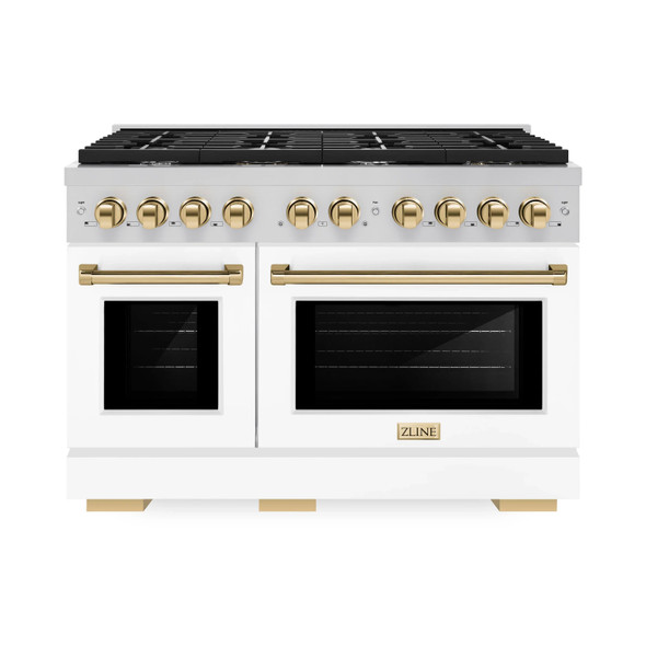 ZLINE Autograph Edition 3-Piece Appliance Package - 48-Inch Gas Range, Wall Mounted Range Hood, & 24-Inch Tall Tub Dishwasher in Stainless Steel and White Door with Gold Trim (3AKPR-SGRWMRH48-G)