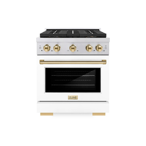 ZLINE Autograph Edition 30-Inch 4.2 cu. ft. Paramount Dual Fuel Range with 4 Burner DuoPro™ Cooktop and Electric Convection Oven in Stainless Steel with White Matte Door and Polished Gold Accents (PSDRZ-WM-30-G)