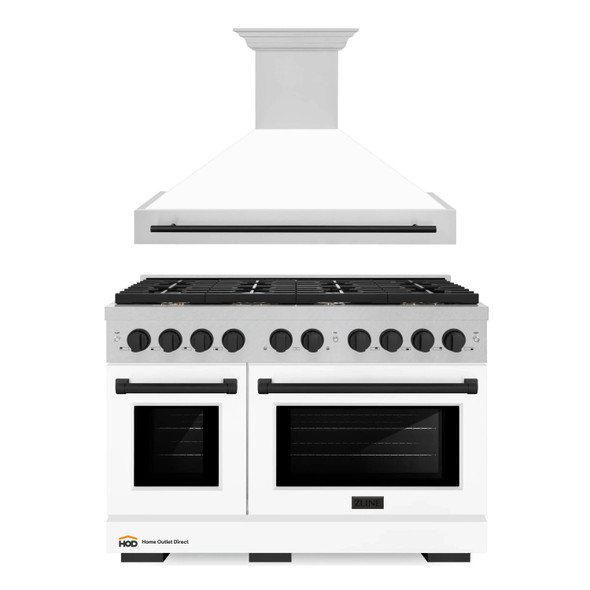 ZLINE Autograph Edition 2-Piece Appliance Package - 48-Inch Gas Range & Wall Mounted Range Hood in Satin Stainless Steel with White Matte Door and Matte Black Trim (2AKPR-SGRSWMRH48-MB)