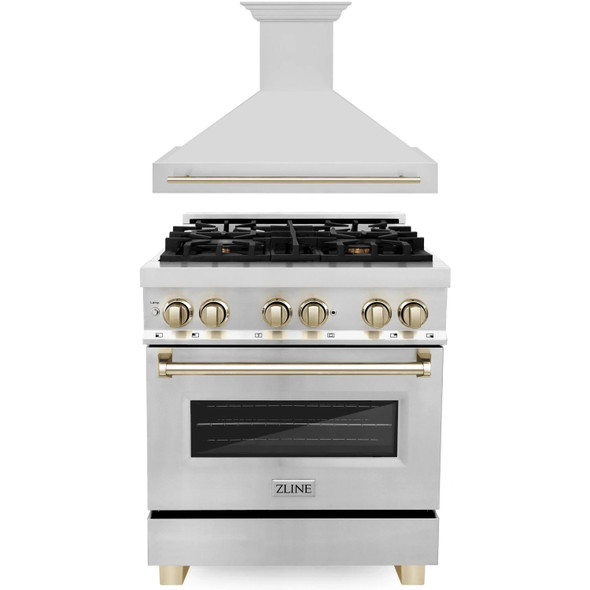 ZLINE Autograph Edition 2-Piece Appliance Package - 30-Inch Dual Fuel Range & Wall Mounted Range Hood in Stainless Steel with Gold Trim (2AKP-RARH30-G)