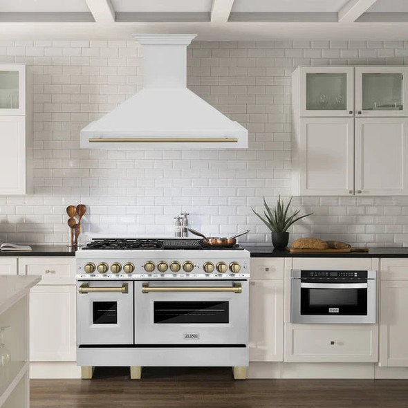 ZLINE Autograph Edition 3-Piece Appliance Package - 48-Inch Dual Fuel Range, Wall Mounted Range Hood, & 24-Inch Tall Tub Dishwasher in Stainless Steel with Champagne Bronze Trim (3AKP-RARHDWM48-CB)
