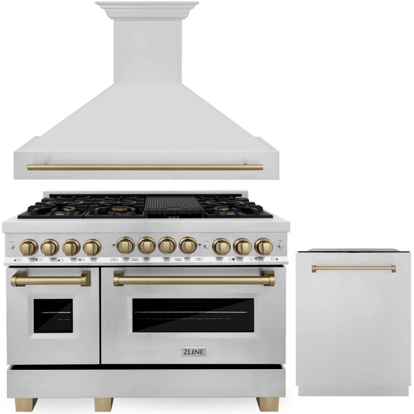 ZLINE Autograph Edition 3-Piece Appliance Package - 48-Inch Dual Fuel Range, Wall Mounted Range Hood, & 24-Inch Tall Tub Dishwasher in Stainless Steel with Champagne Bronze Trim (3AKP-RARHDWM48-CB)