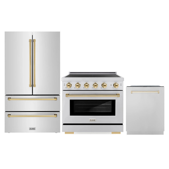 ZLINE 3-Piece Appliance Package - 36-Inch Autograph Edition Induction Range, 36-Inch French Door Refrigerator, and Dishwasher in Stainless Steel with Gold Trim