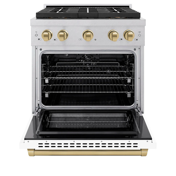 ZLINE Autograph Edition 30-Inch 4.2 cu. ft. Paramount Dual Fuel Range with 4 Burner DuoPro™ Cooktop and Electric Convection Oven in Satin Stainless Steel with White Matte Door and Champagne Bronze Accents (PSDRSZ-WM-30-CB)