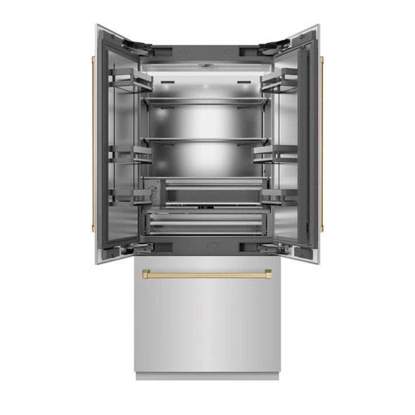 ZLINE Autograph Edition 36-Inch 19.6 cu. ft. French Door Built-In Bottom Freezer Refrigerator with Water Dispenser and Ice Maker in Stainless Steel with Stainless Steel Interior and Champagne Bronze Accents (SRBIVZ-304-36CB)