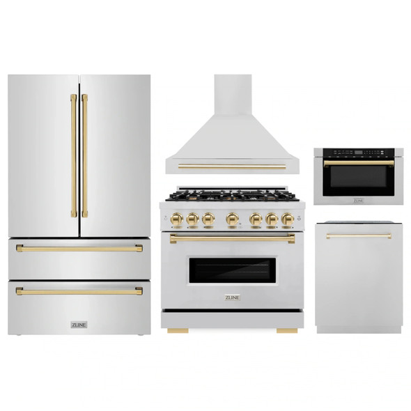 ZLINE 5-Piece Appliance Package - 36-Inch Dual Fuel Range, Hood, Refrigerator, Dishwasher, and Microwave Drawer in Stainless Steel with Gold Accents