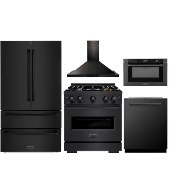 ZLINE 5-Piece Appliance Package - 30-Inch Dual Fuel Range, Hood, Refrigerator, Dishwasher, and Microwave Drawer in Black Stainless Steel