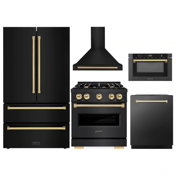 ZLINE 5-Piece Appliance Package - 30-Inch Gas Range, Hood, Refrigerator, Dishwasher, and Microwave Drawer in Black Stainless Steel with Gold Accents