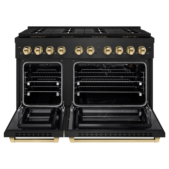 ZLINE Autograph Edition 48-Inch 6.7 cu. ft. Paramount Gas Range with 8 Burner DuoPro™ Cooktop and Dual Ovens in Black Stainless Steel and Polished Gold Accents (PSGRBZ-48-G)
