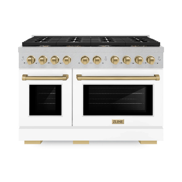 ZLINE Autograph Edition 2-Piece Appliance Package - 48-Inch Gas Range & Wall Mounted Range Hood in Satin Stainless Steel with White Matte Door and Champagne Bronze Trim (2AKPR-SGRSWMRH48-CB)