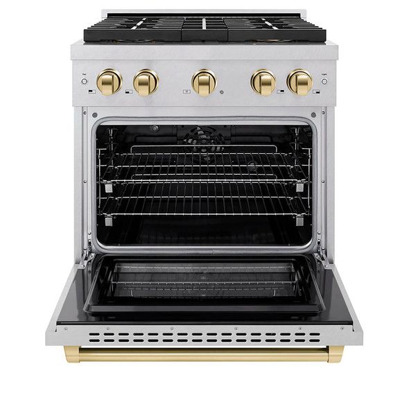 ZLINE Autograph Edition 30-Inch 4.2 cu. ft. Paramount Dual Fuel Range with 4 Burner DuoPro™ Cooktop and Electric Convection Oven in Satin Stainless Steel and Polished Gold Accents (PSDRSZ-30-G)