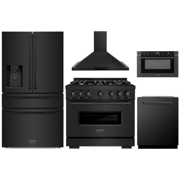 ZLINE 5-Piece Appliance Package - 36-Inch Dual Fuel Range, Hood, Refrigerator with Water Dispenser, Dishwasher, and Microwave Drawer in Black Stainless Steel
