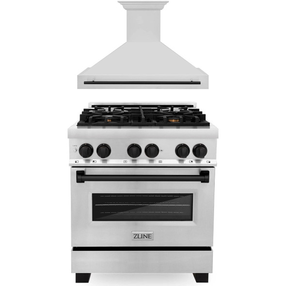 ZLINE Autograph Edition 2-Piece Appliance Package - 30-Inch Dual Fuel Range & Wall Mounted Range Hood in Stainless Steel with Matte Black Trim (2AKP-RARH30-MB)