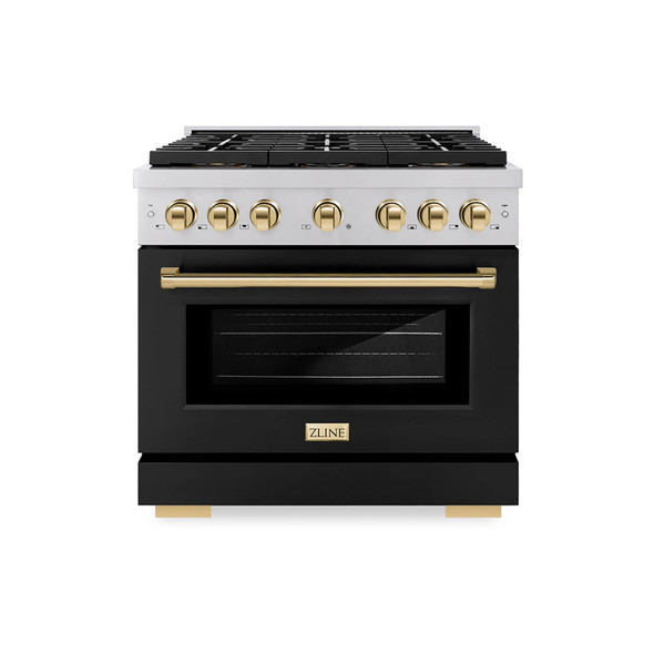ZLINE Autograph Edition 36-Inch 5.2 cu. ft. Paramount Dual Fuel Range with 6 Burner DuoPro™ Cooktop and Electric Convection Oven with Black Matte Door and Polished Gold Accents (PSDRZ-BLM-36-G)