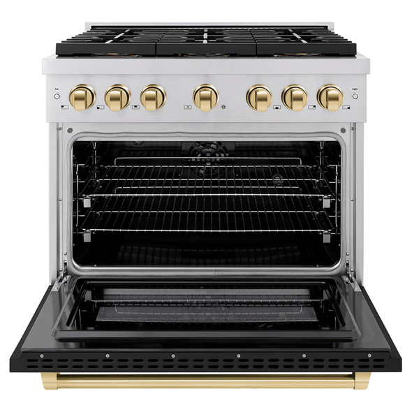 ZLINE Autograph Edition 36-Inch 5.2 cu. ft. Paramount Dual Fuel Range with 6 Burner DuoPro™ Cooktop and Electric Convection Oven with Black Matte Door and Polished Gold Accents (PSDRZ-BLM-36-G)