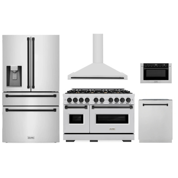 ZLINE 5-Piece Appliance Package - 48-Inch Dual Fuel Range, Hood, Refrigerator with Water Dispenser, Dishwasher, and Microwave Drawer in Stainless Steel with Matte Black Accents