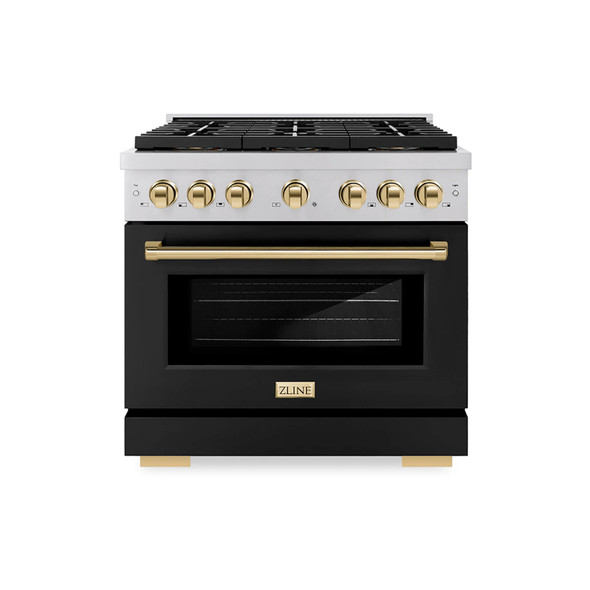 ZLINE Autograph Edition 36-Inch 5.2 cu. ft. Paramount Gas Range with 6 Burner DuoPro™ Cooktop and Convection Gas Oven with Black Matte Door and Polished Gold Accents (PSGRZ-BLM-36-G)