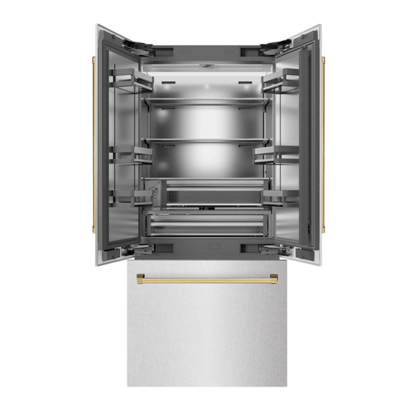 ZLINE Autograph Edition 36-Inch 19.6 cu. ft. French Door Built-In Bottom Freezer Refrigerator with Water Dispenser and Ice Maker in Satin Stainless Steel with Stainless Steel Interior and Polished Gold Accents (SRBIVZ-SN-36-G)