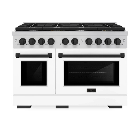 ZLINE Autograph Edition 3-Piece Appliance Package - 48-Inch Gas Range, Wall Mounted Range Hood, & 24-Inch Tall Tub Dishwasher in Stainless Steel and White Door with Matte Black Trim (3AKPR-SGRWMRH48-MB)