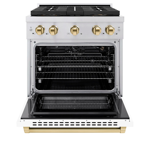 ZLINE Autograph Edition 30-Inch 4.2 cu. ft. Paramount Gas Range with 4 Burner DuoPro™ Cooktop and Convection Gas Oven in Stainless Steel with White Matte Door and Polished Gold Accents (PSGRZ-WM-30-G)