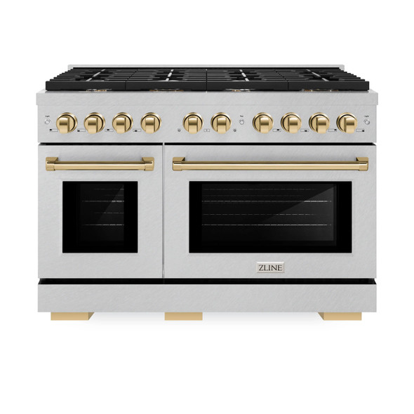 ZLINE 48-Inch Autograph Edition Kitchen Package with Satin Stainless Steel Gas Range, Wall Mount Range Hood and Dishwasher with Gold Accents (3AKPR-SGRSRHDWM48-G)
