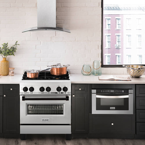 ZLINE Autograph Edition 3-Piece Appliance Package - 30-Inch Dual Fuel Range, Wall Mounted Range Hood, & 24-Inch Tall Tub Dishwasher in Stainless Steel with Matte Black Trim (3AKP-RARHDWM30-MB)
