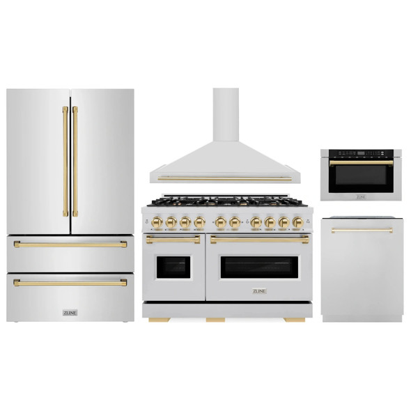 ZLINE 5-Piece Appliance Package - 48-Inch Gas Range, Hood, Refrigerator, Dishwasher, and Microwave Drawer in Stainless Steel with Gold Accents