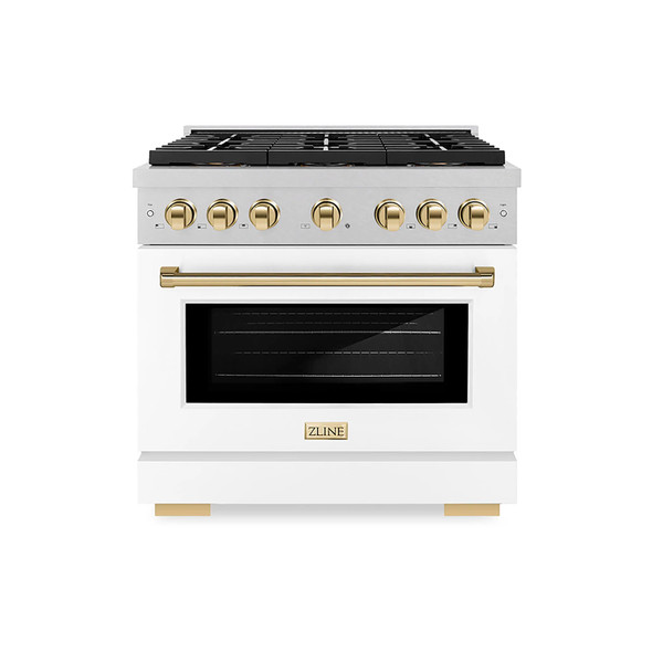 ZLINE Autograph Edition 36-Inch 5.2 cu. ft. Paramount Gas Range with 6 Burner DuoPro™ Cooktop and Convection Gas Oven in Satin Stainless Steel with White Matte Door and Polished Gold Accents (PSGRSZ-WM-36-G)