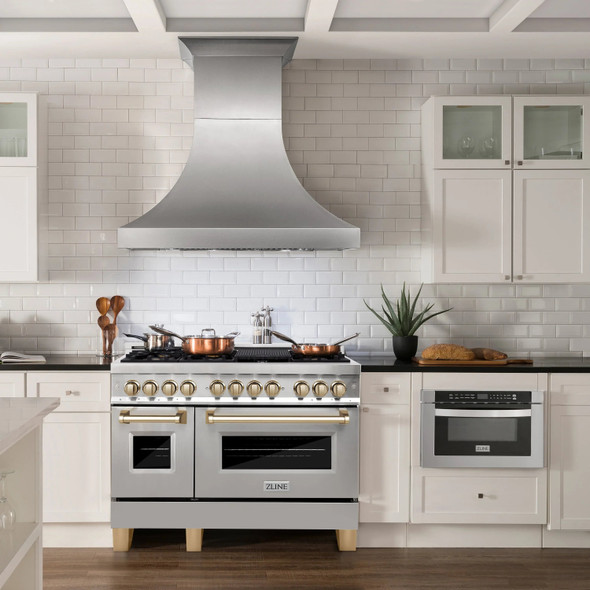 ZLINE Autograph Edition 3-Piece Appliance Package - 48-Inch Dual Fuel Range, Wall Mounted Range Hood, & 24-Inch Tall Tub Dishwasher in Stainless Steel with Gold Trim (3AKP-RARHDWM48-G)