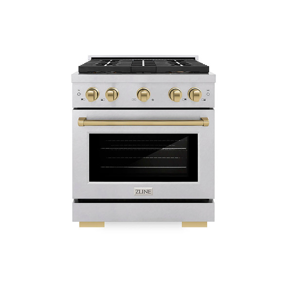 ZLINE Autograph Edition 30-Inch 4.2 cu. ft. Paramount Gas Range with 4 Burner DuoPro™ Cooktop and Convection Gas Oven in Satin Stainless Steel and Champagne Bronze Accents (PSGRSZ-30-CB)