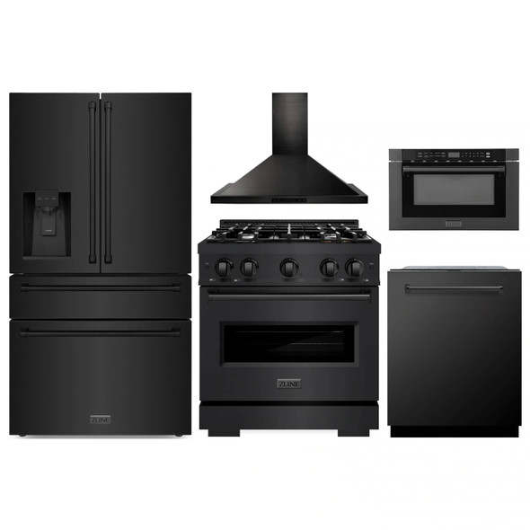 ZLINE 5-Piece Appliance Package - 30-Inch Gas Range, Hood, Refrigerator with Water Dispenser, Dishwasher, and Microwave Drawer in Black Stainless Steel