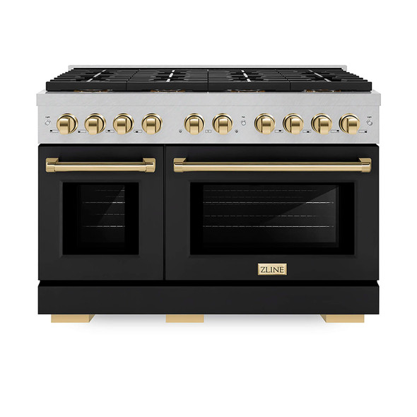 ZLINE Autograph Edition 48-Inch 6.7 cu. ft. Paramount Dual Fuel Range with 8 Burner DuoPro™ Cooktop and Dual Ovens in Satin Stainless Steel with Black Matte Doors and Polished Gold Accents (PSDRSZ-BLM48-G)