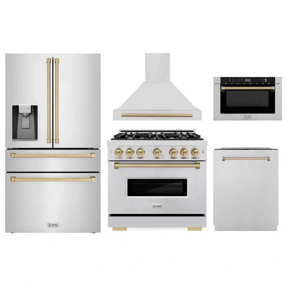 ZLINE 5-Piece Appliance Package - 36-Inch Dual Fuel Range, Hood, Refrigerator with Water Dispenser, Dishwasher, and Microwave Drawer in Stainless Steel with Champagne Bronze Accents