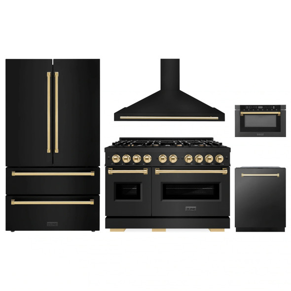 ZLINE 5-Piece Appliance Package - 48-Inch Dual Fuel Range, Hood, Refrigerator, Dishwasher, and Microwave Drawer in Black Stainless Steel with Gold Accents