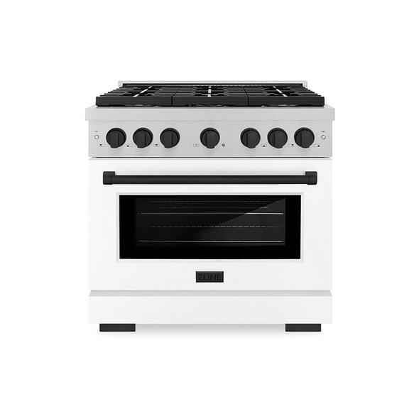ZLINE Autograph Edition 36-Inch 5.2 cu. ft. Paramount Gas Range with 6 Burner DuoPro™ Cooktop and Convection Gas Oven in Satin Stainless Steel with White Matte Door and Matte Black Accents (PSGRSZ-WM-36-MB)
