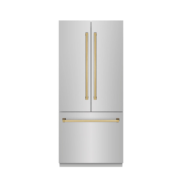 ZLINE Autograph Edition 36-Inch 19.6 cu. ft. French Door Built-In Bottom Freezer Refrigerator with Water Dispenser and Ice Maker in Stainless Steel with Stainless Steel Interior and Polished Gold Accents (SRBIVZ-304-36G)