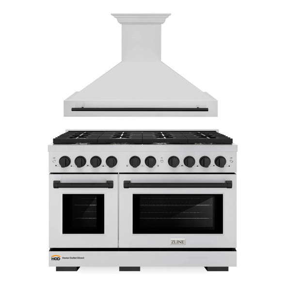 ZLINE Autograph Edition 2-Piece Appliance Package - 48-Inch Gas Range & Wall Mounted Range Hood in Stainless Steel with Matte Black Trim (2AKPR-SGRRH48-MB)