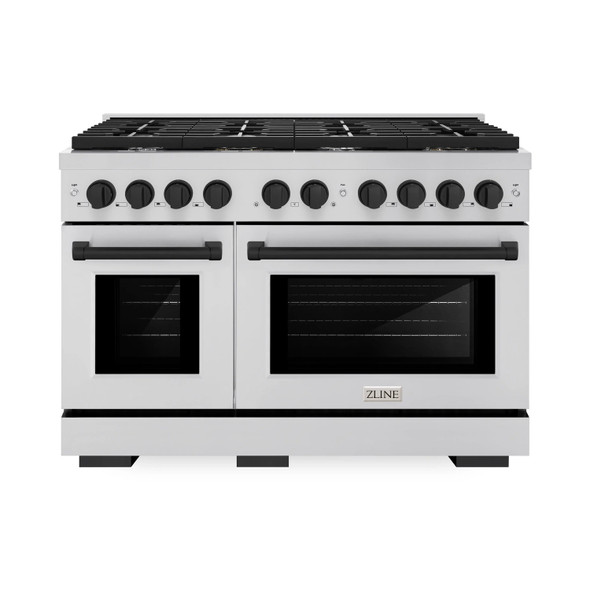 ZLINE Autograph Edition 4-Piece Appliance Package - 48-Inch Gas Range, Refrigerator with Water Dispenser, Wall Mounted Range Hood, & 24-Inch Tall Tub Dishwasher in Stainless Steel with Matte Black Trim (4KAPR-SGRRHDWM48-MB)