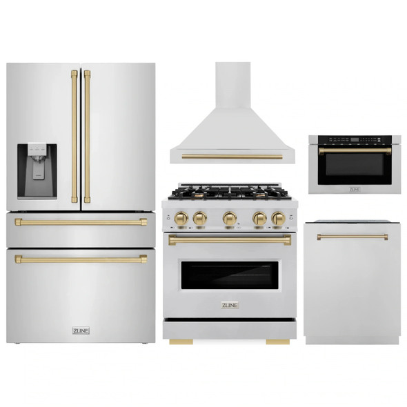 ZLINE 5-Piece Appliance Package - 30-Inch Dual Fuel Range, Hood, Refrigerator with Water Dispenser, Dishwasher, and Microwave Drawer in Stainless Steel with Champagne Bronze Accents