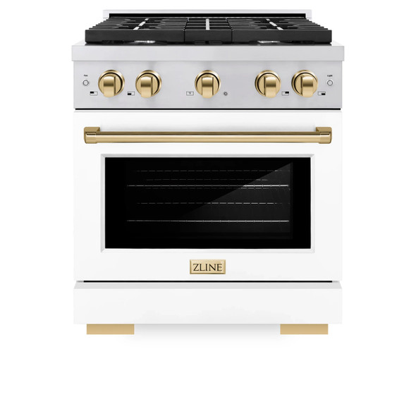 ZLINE Autograph Edition 2-Piece Appliance Package - 30-Inch Gas Range & Wall Mounted Range Hood in Stainless Steel and White Door with Gold Trim (2AKP-SGRWMRH30-G)