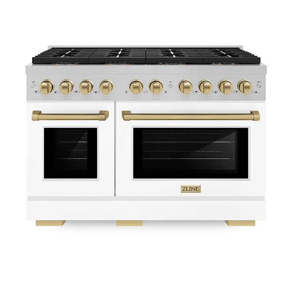 ZLINE Autograph Edition 48-Inch 6.7 cu. ft. Paramount Gas Range with 8 Burner DuoPro™ Cooktop and Dual Ovens in Satin Stainless Steel with White Matte Doors and Champagne Bronze Accents (PSGRSZ-WM-48-CB)