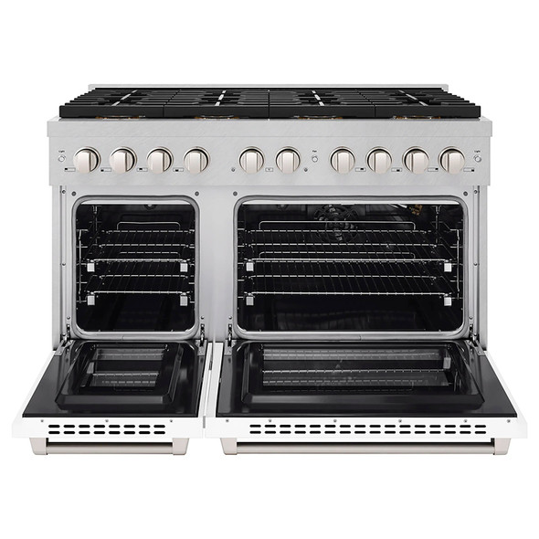 ZLINE 48-Inch 6.7 cu. ft. Paramount Gas Range with 8 Burner DuoPro™ Cooktop and Dual Ovens in Satin Stainless Steel with White Matte Doors (PSGRS-WM-48)