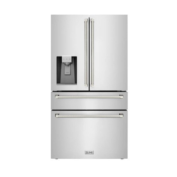 ZLINE Autograph 36-Inch Stainless Counter-Depth Fridge w/ Water Dispenser & Nickel Helix Handles (RFMZ-W-36-KPN)