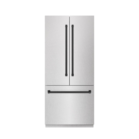 ZLINE Autograph Edition 36-Inch 19.6 cu. ft. French Door Built-In Bottom Freezer Refrigerator with Water Dispenser and Ice Maker in Satin Stainless Steel with Stainless Steel Interior and Matte Black Accents (SRBIVZ-SN-36-MB)