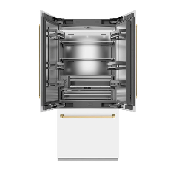 ZLINE Autograph Edition 36-Inch 19.6 cu. ft. French Door Built-In Bottom Freezer Refrigerator with Water Dispenser and Ice Maker in White Matte with Stainless Steel Interior and Champagne Bronze Accents (SRBIVZ-WM-36-CB)