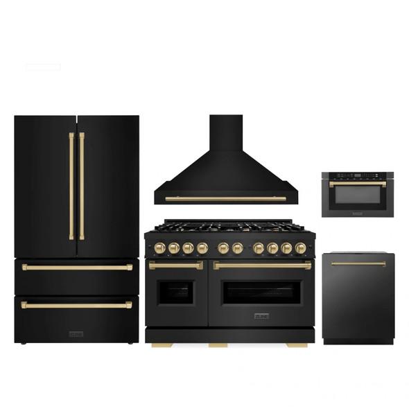 ZLINE 5-Piece Appliance Package - 48-Inch Gas Range, Hood, Refrigerator, Dishwasher, and Microwave Drawer in Black Stainless Steel with Champagne Bronze Accents