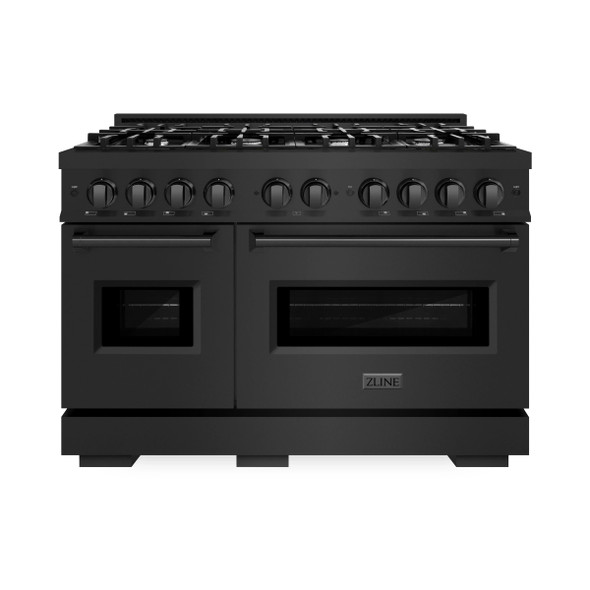 ZLINE 5-Piece Appliance Package - 48-Inch Dual Fuel Range, Hood, Refrigerator with Water Dispenser, Dishwasher, and Microwave Drawer in Black Stainless Steel