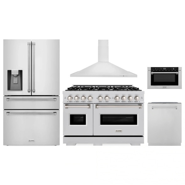 ZLINE 5-Piece Appliance Package - 48-Inch Gas Range, Hood, Refrigerator with Water Dispenser, Dishwasher, and Microwave Drawer in Stainless Steel